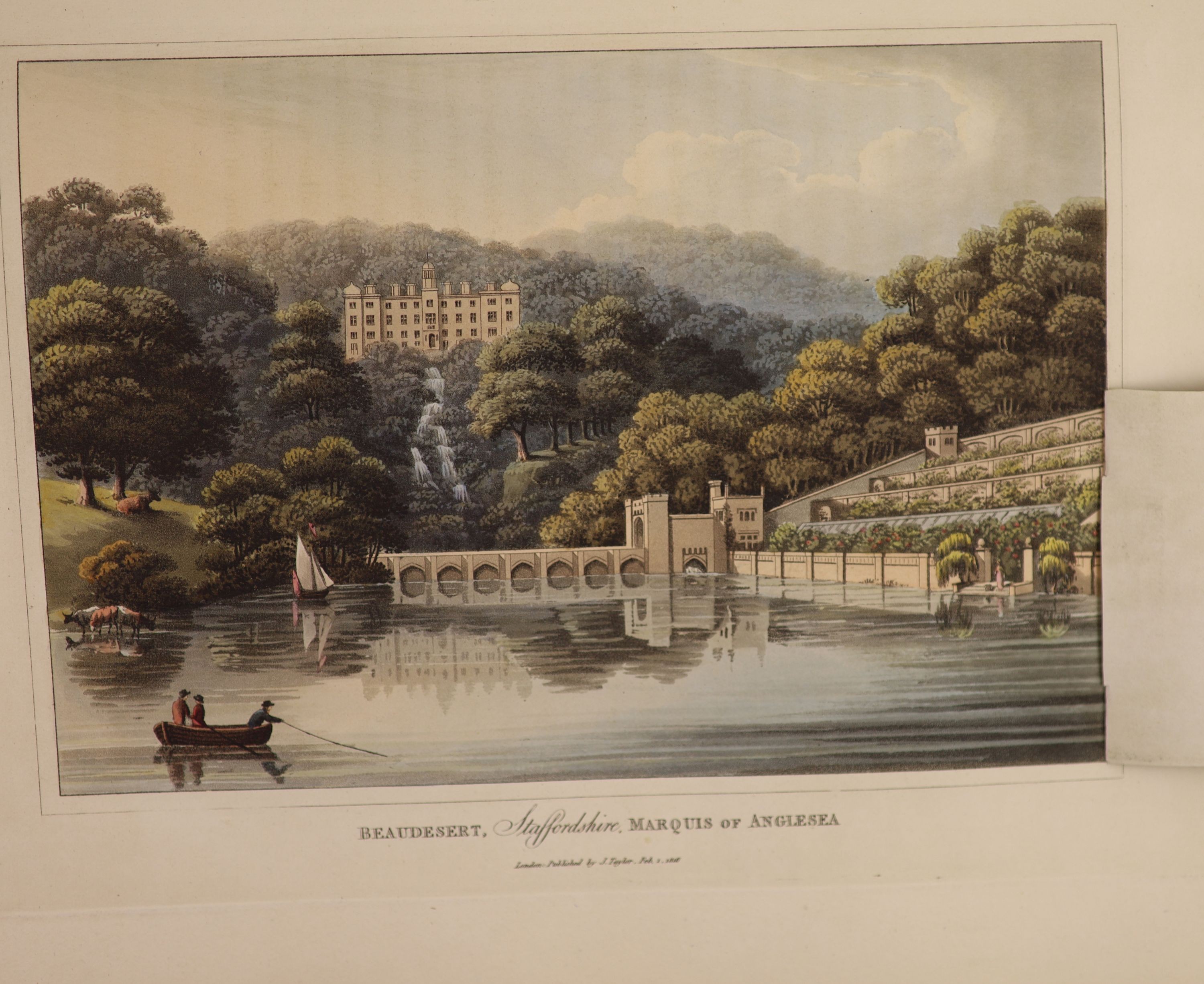 Repton, Humphry and John Adey - Fragments on the Theory and Practice of Landscape Gardening, qto, calf gilt, with 43 plates, comprising uncoloured woodcut plan, 21 hand-coloured aquatints, (of which 2 double-page, 8 with